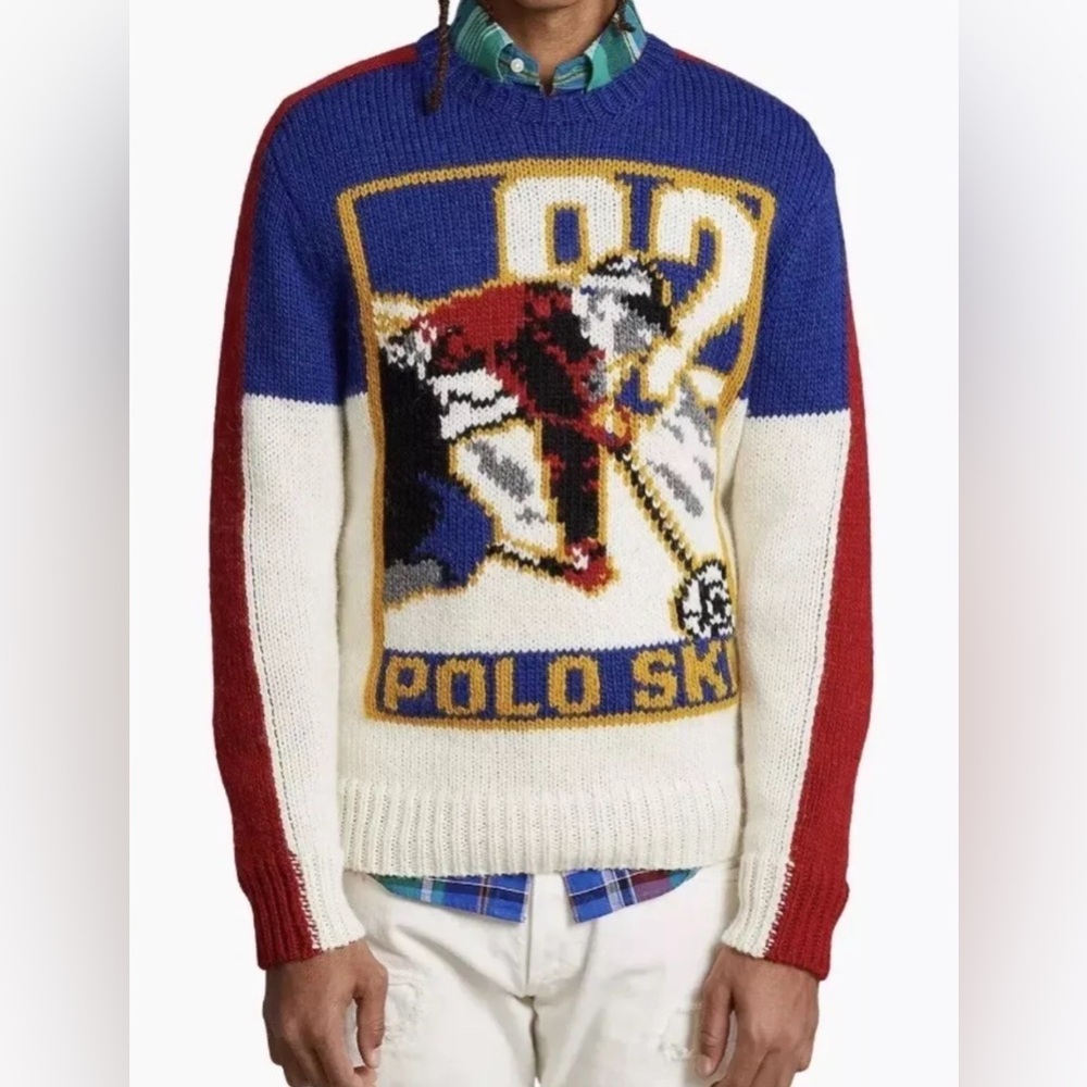 Winter Olympics Polo Ralph Lauren Vintage Downhill Skier Knit Sweater Medium Ski